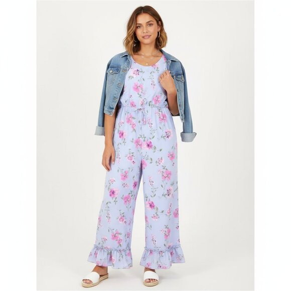 *Beautees Blue and Pink Floral Sleeveless Jumpsuit NWT - Picture 1 of 6